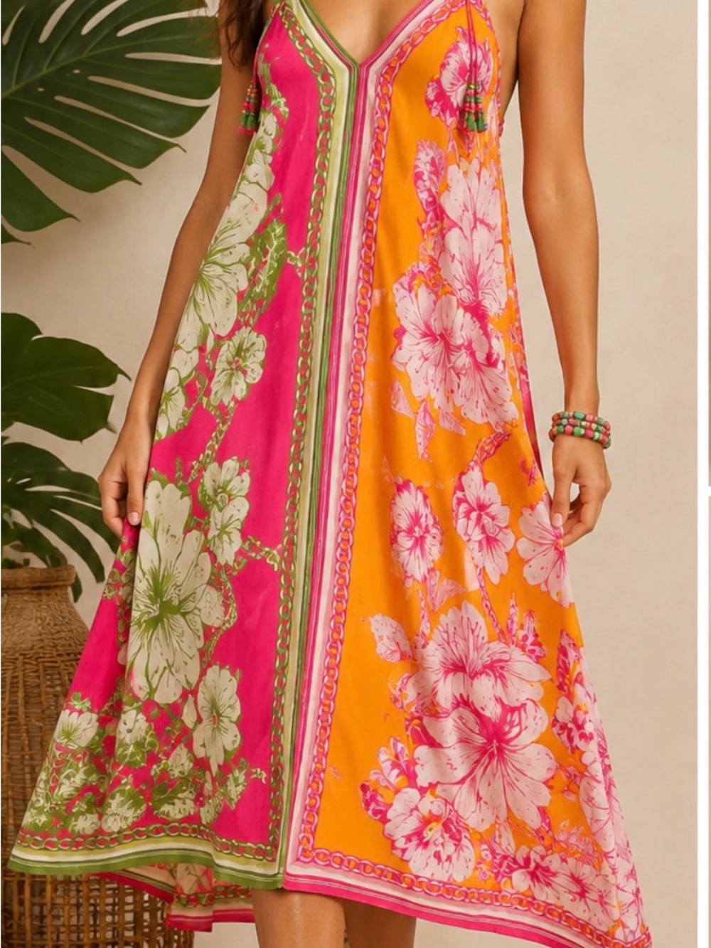 FARM Rio Tropical Scarf Print Midi Slip Dress Pink Orange Floral—Size L NWOT